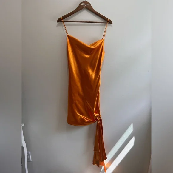 Cinq a Sept Ryder Satin Mini Slip Dress Cowl Neck Knotted Tie Orange Bronze, 6 - Picture 2 of 16